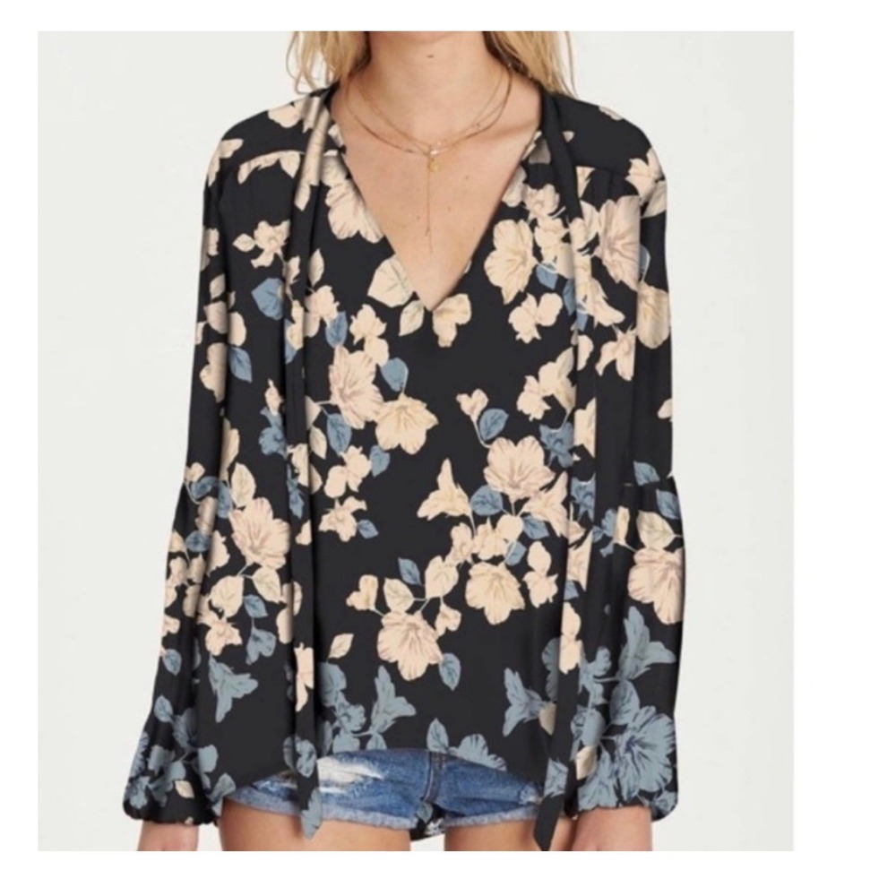 Billabong Black Floral Print Tie Neck‎ Bell Sleeve Blouse Women's M